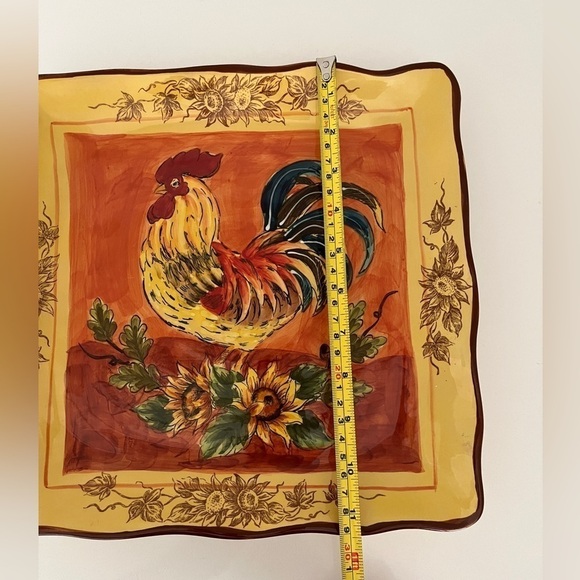 MAXCERA CORP Orange Rooster Square Plate Sunflowers Floral Edge Pattern Farmcore - Picture 7 of 8